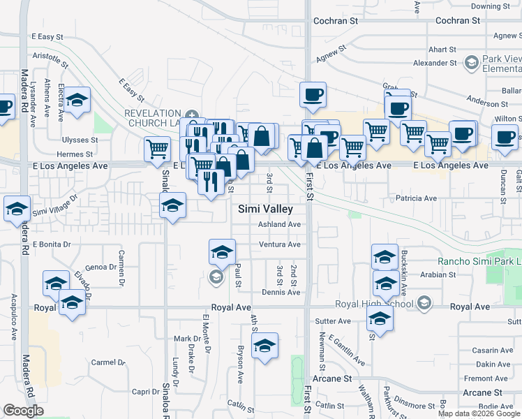 map of restaurants, bars, coffee shops, grocery stores, and more near 858 Pacific Avenue in Simi Valley