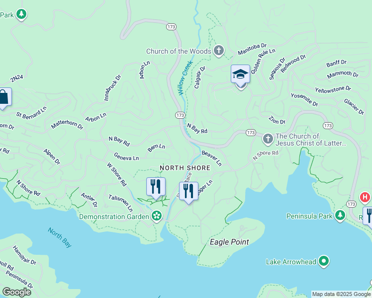 map of restaurants, bars, coffee shops, grocery stores, and more near 966 Willow Creek Road in Lake Arrowhead