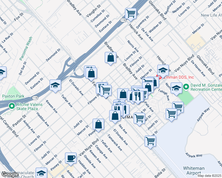 map of restaurants, bars, coffee shops, grocery stores, and more near 10928 Sutter Avenue in Los Angeles