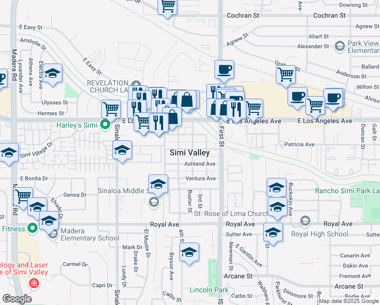 map of restaurants, bars, coffee shops, grocery stores, and more near 2380 Shasta Way in Simi Valley