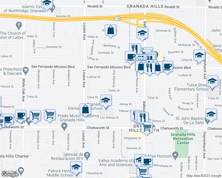 map of restaurants, bars, coffee shops, grocery stores, and more near 17159 Celtic Street in Los Angeles