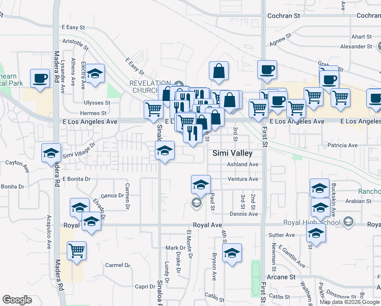 map of restaurants, bars, coffee shops, grocery stores, and more near 1760 Sinaloa Villa Road in Simi Valley