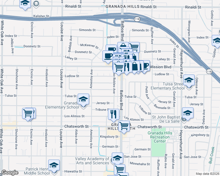 map of restaurants, bars, coffee shops, grocery stores, and more near 17043 Celtic Street in Los Angeles