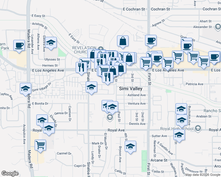 map of restaurants, bars, coffee shops, grocery stores, and more near 1736 Sinaloa Road in Simi Valley
