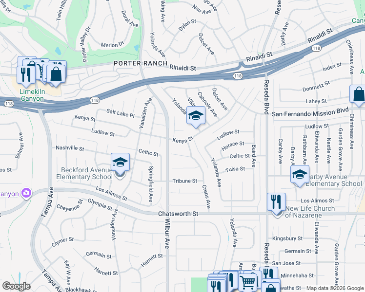 map of restaurants, bars, coffee shops, grocery stores, and more near 18815 Celtic Street in Los Angeles