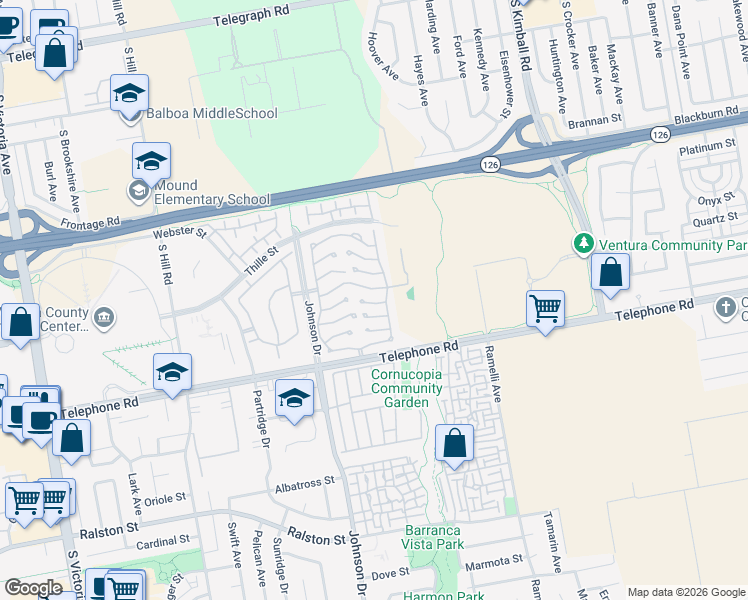 map of restaurants, bars, coffee shops, grocery stores, and more near 148 Shelley Circle in Ventura