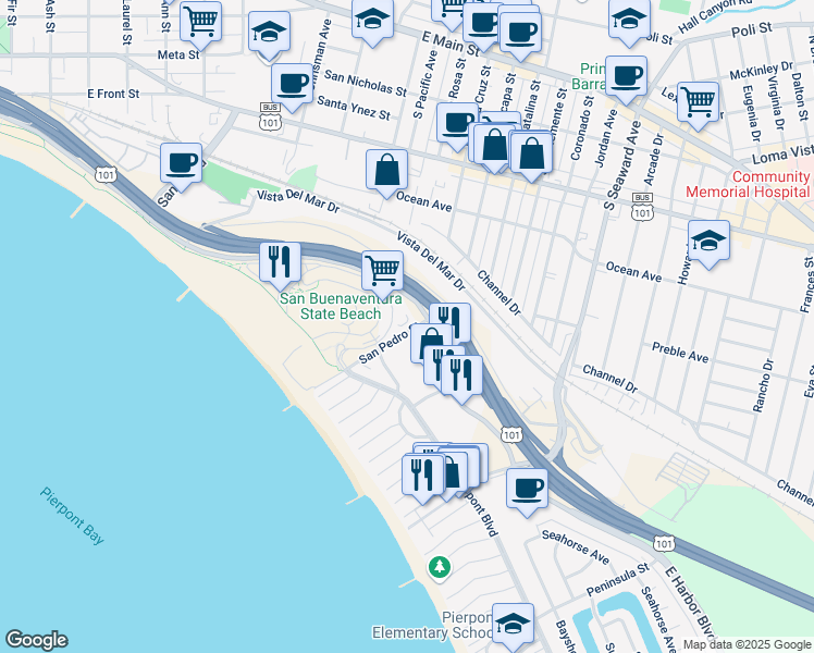 map of restaurants, bars, coffee shops, grocery stores, and more near 911 San Pedro Street in Ventura