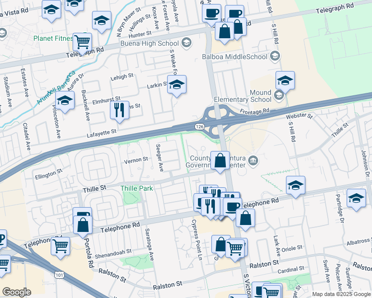map of restaurants, bars, coffee shops, grocery stores, and more near 687 County Square Drive in Ventura