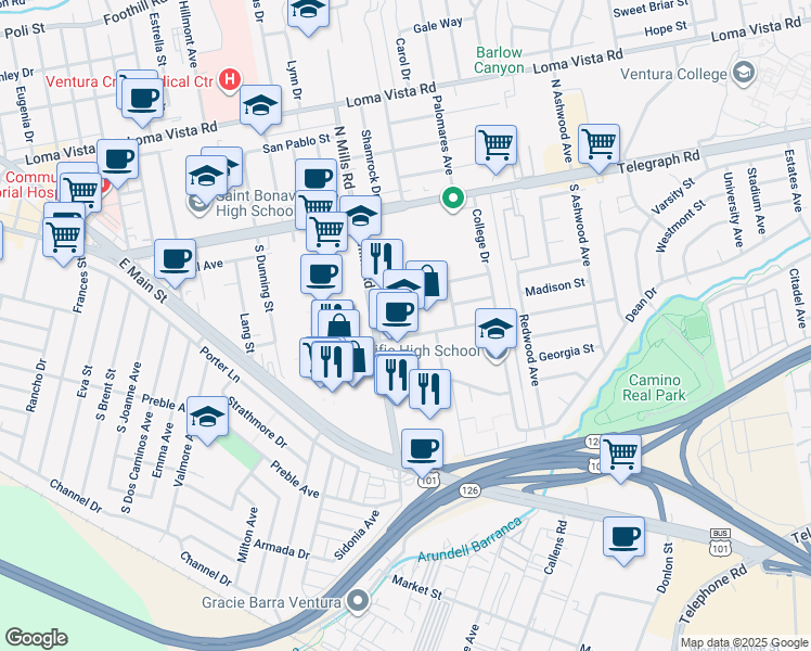 map of restaurants, bars, coffee shops, grocery stores, and more near 3585 Maple Street in Ventura