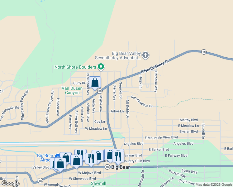 map of restaurants, bars, coffee shops, grocery stores, and more near 1056 Sierra Avenue in Big Bear
