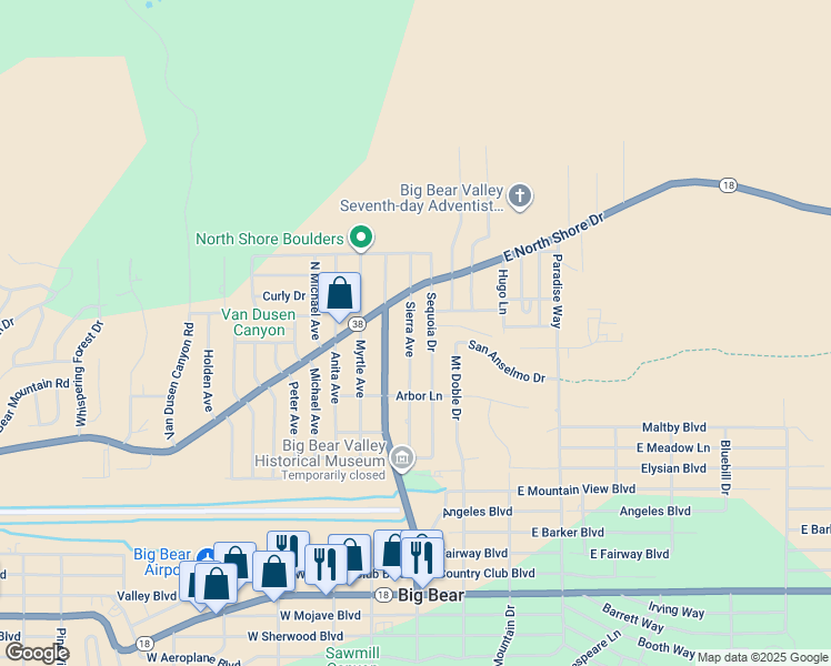 map of restaurants, bars, coffee shops, grocery stores, and more near 1056 Sierra Avenue in Big Bear