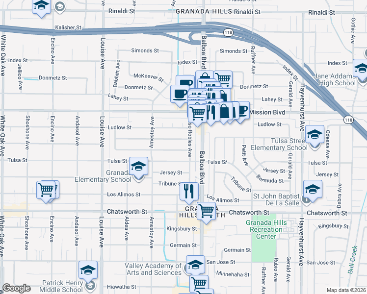 map of restaurants, bars, coffee shops, grocery stores, and more near 17043 Celtic Street in Los Angeles