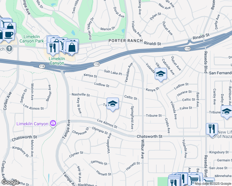 map of restaurants, bars, coffee shops, grocery stores, and more near 19069 Celtic Street in Los Angeles