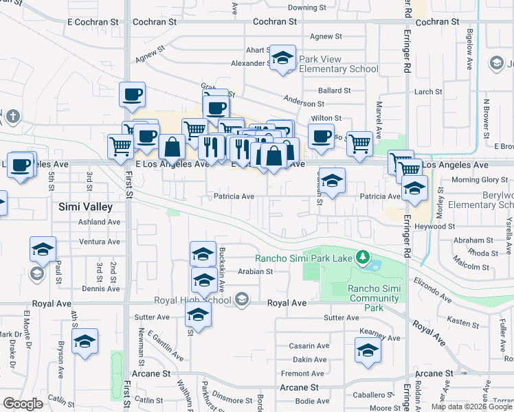 map of restaurants, bars, coffee shops, grocery stores, and more near 1448 Patricia Avenue in Simi Valley