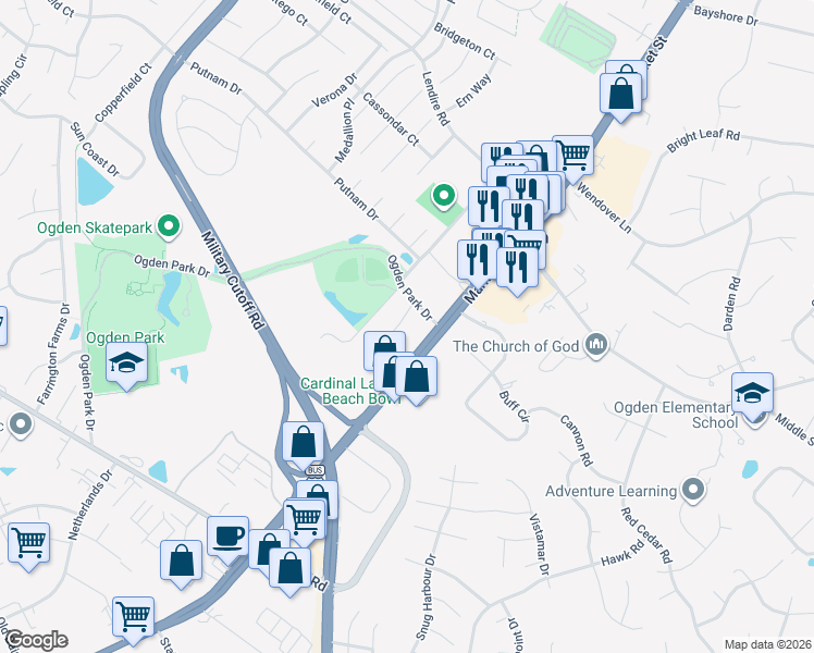 map of restaurants, bars, coffee shops, grocery stores, and more near 7043 Market St in Wilmington