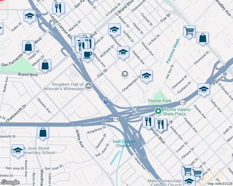 map of restaurants, bars, coffee shops, grocery stores, and more near 10957 Laurel Canyon Boulevard in San Fernando