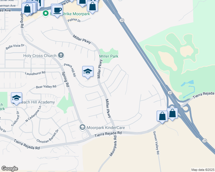 map of restaurants, bars, coffee shops, grocery stores, and more near 14297 Mangrove Street in Moorpark