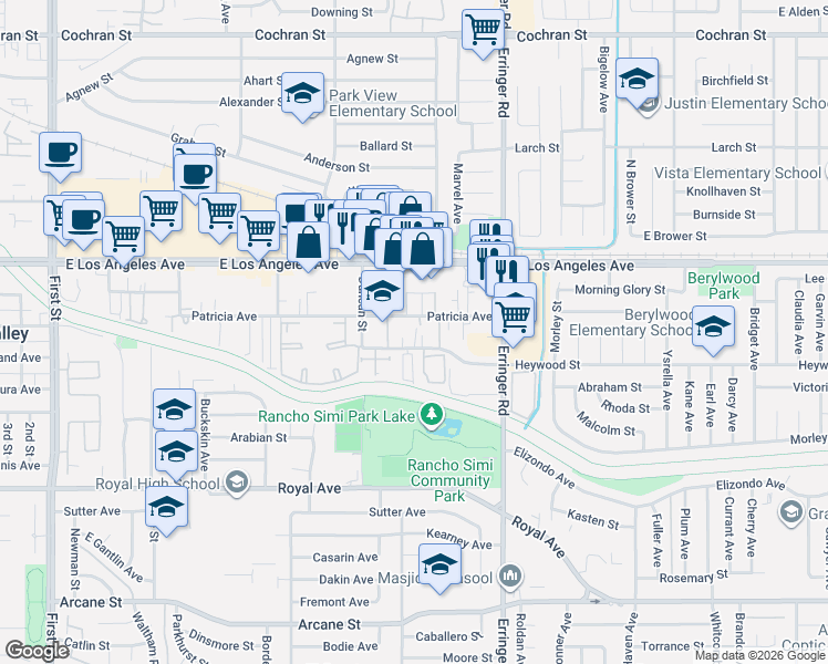 map of restaurants, bars, coffee shops, grocery stores, and more near 1755 Heywood Street in Simi Valley