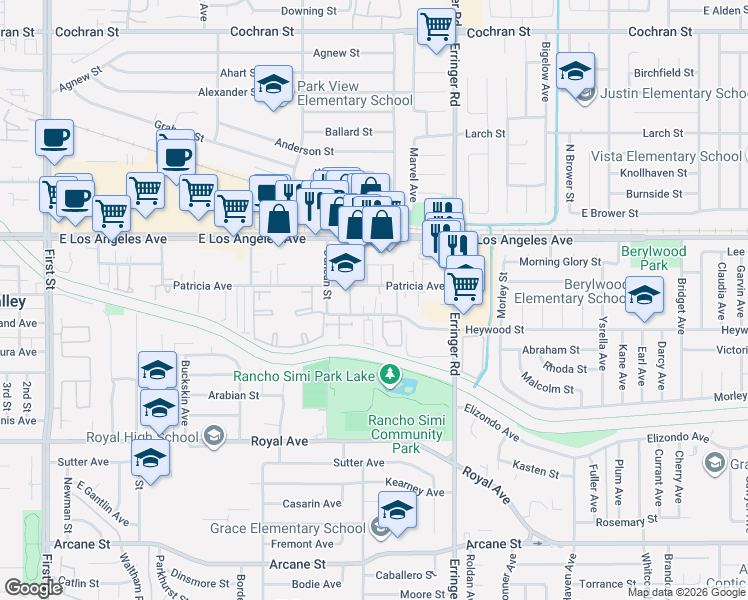 map of restaurants, bars, coffee shops, grocery stores, and more near 1630 Heywood Street in Simi Valley