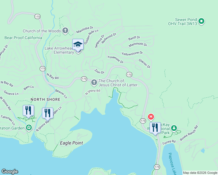 map of restaurants, bars, coffee shops, grocery stores, and more near 28751 Sherwood Road in Lake Arrowhead