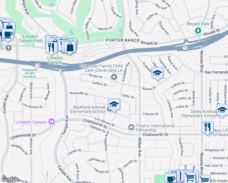 map of restaurants, bars, coffee shops, grocery stores, and more near 19069 Celtic Street in Los Angeles