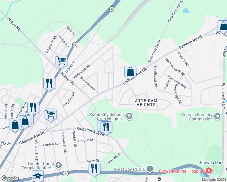 map of restaurants, bars, coffee shops, grocery stores, and more near 1208 Calhoun Avenue Northeast in Rome