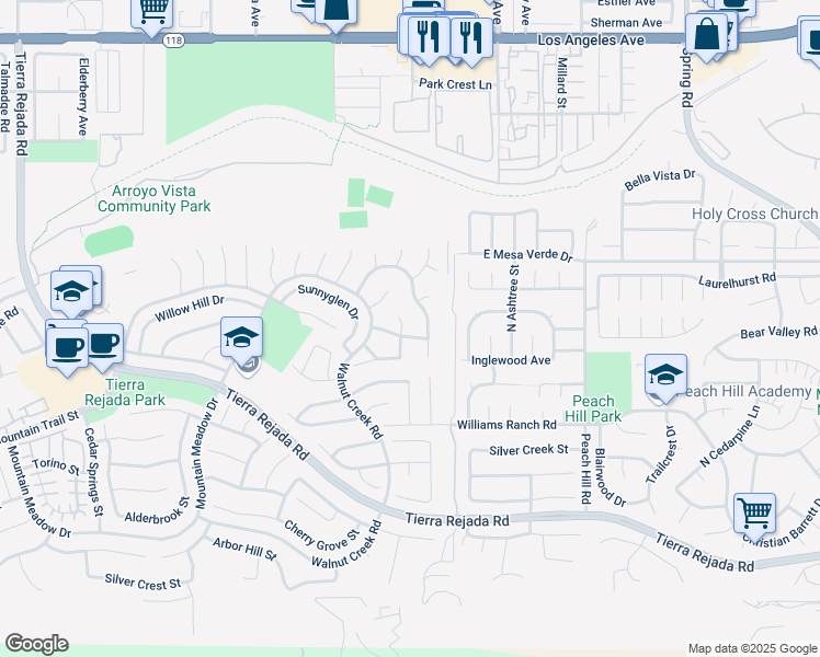 map of restaurants, bars, coffee shops, grocery stores, and more near 4330 Cedarmeadow Court in Moorpark