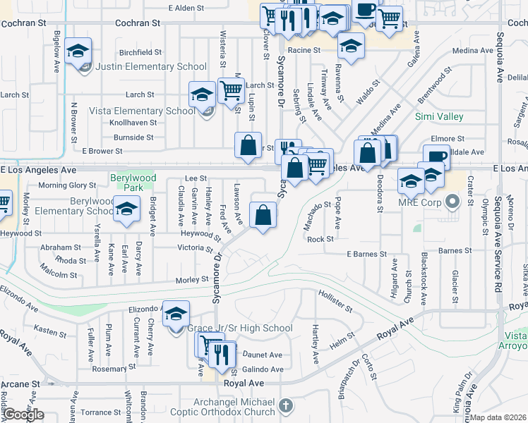 map of restaurants, bars, coffee shops, grocery stores, and more near 1777 Sycamore Drive in Simi Valley