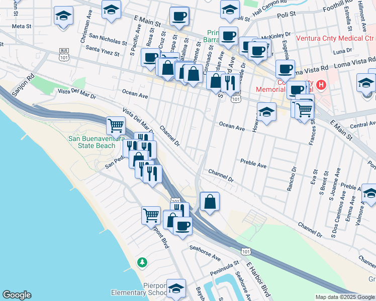 map of restaurants, bars, coffee shops, grocery stores, and more near 2206 Channel Drive in Ventura