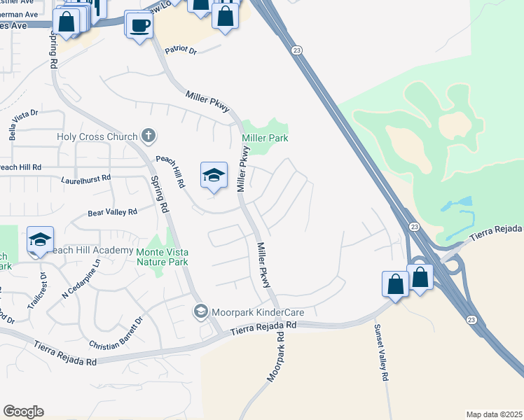 map of restaurants, bars, coffee shops, grocery stores, and more near 14297 Mangrove Street in Moorpark