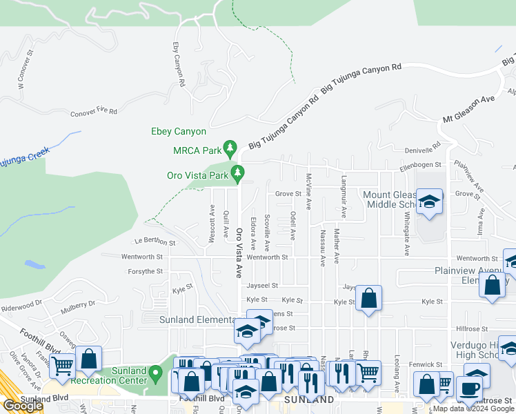 map of restaurants, bars, coffee shops, grocery stores, and more near 11028 Eldora Avenue in Los Angeles