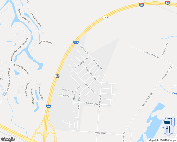 map of restaurants, bars, coffee shops, grocery stores, and more near Island Pine Way in Leland