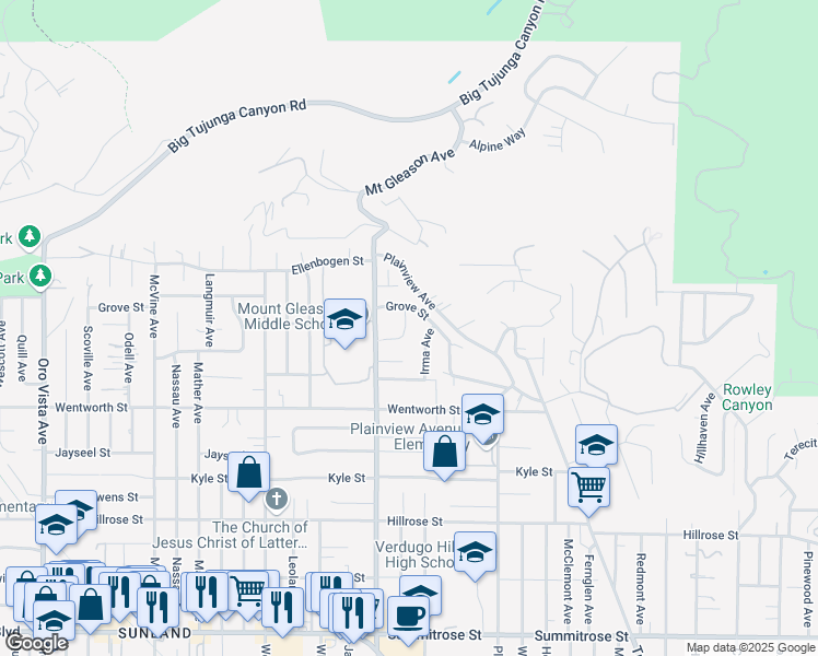 map of restaurants, bars, coffee shops, grocery stores, and more near 11050 Plainview Avenue in Los Angeles
