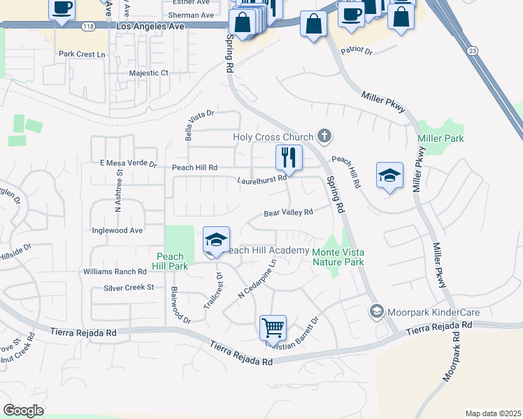 map of restaurants, bars, coffee shops, grocery stores, and more near 13639 Bear Valley Road in Moorpark