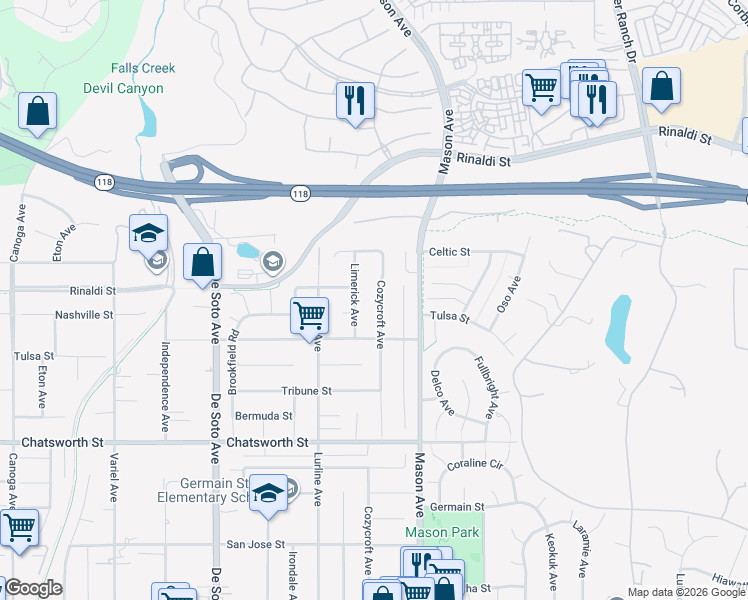 map of restaurants, bars, coffee shops, grocery stores, and more near 10945 Cozycroft Avenue in Los Angeles
