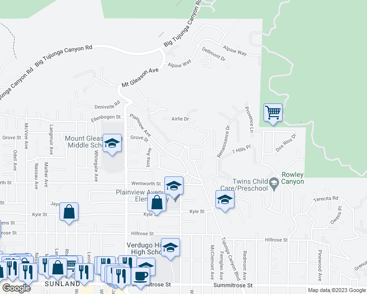 map of restaurants, bars, coffee shops, grocery stores, and more near 11023 Tujunga Canyon Boulevard in Los Angeles