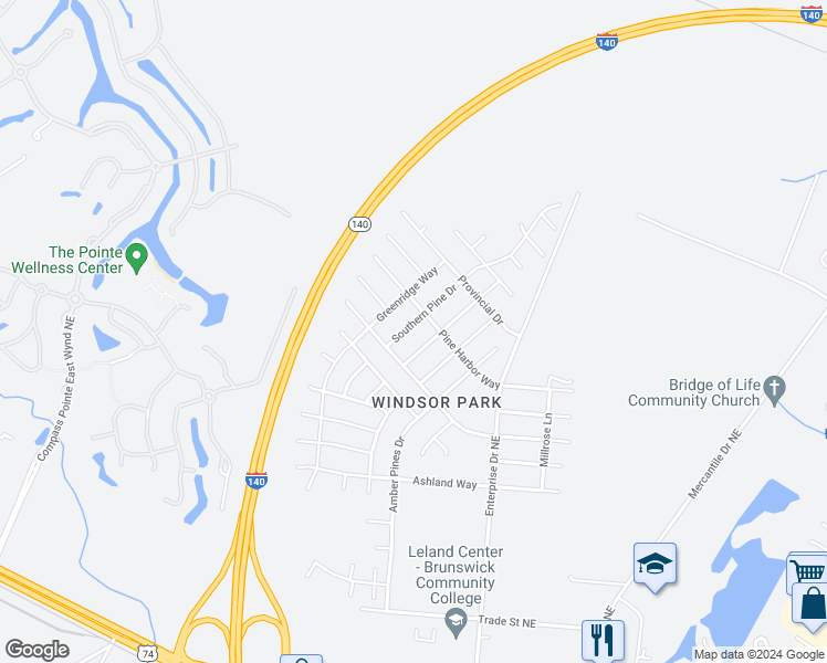 map of restaurants, bars, coffee shops, grocery stores, and more near 2014 Southern Pine Drive in Leland