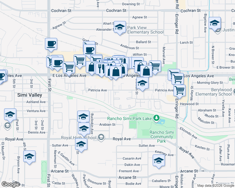 map of restaurants, bars, coffee shops, grocery stores, and more near 1510 Patricia Avenue in Simi Valley