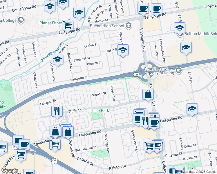 map of restaurants, bars, coffee shops, grocery stores, and more near 642 Walcott Avenue in Ventura