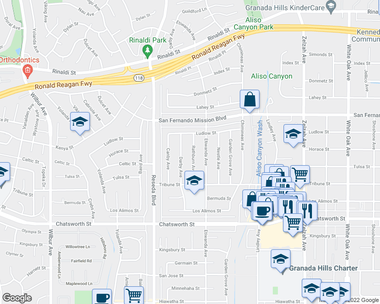 map of restaurants, bars, coffee shops, grocery stores, and more near 10953 Rathburn Avenue in Los Angeles