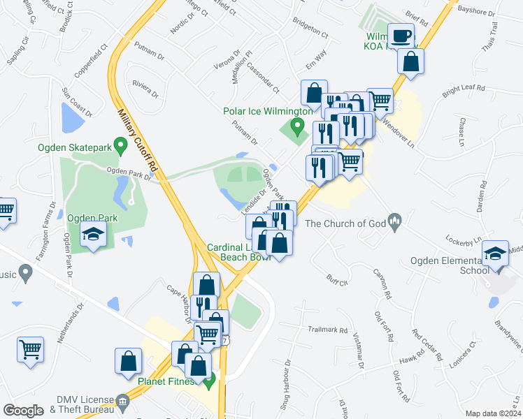 map of restaurants, bars, coffee shops, grocery stores, and more near 7045 Ruth Avenue in Wilmington