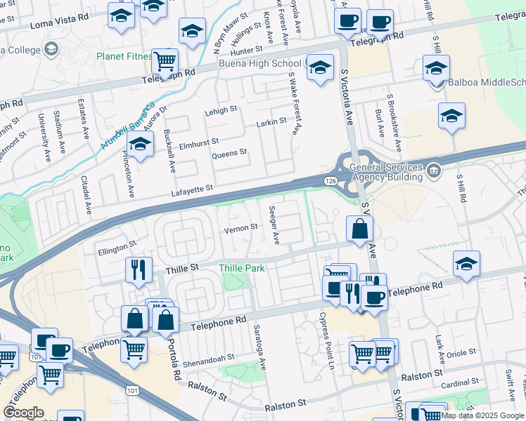 map of restaurants, bars, coffee shops, grocery stores, and more near 642 Walcott Avenue in Ventura