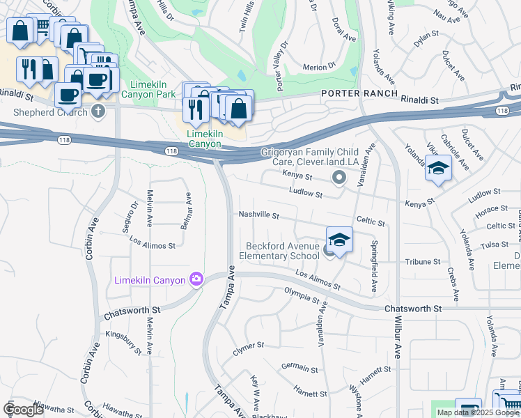 map of restaurants, bars, coffee shops, grocery stores, and more near 10927 Key West Avenue in Los Angeles