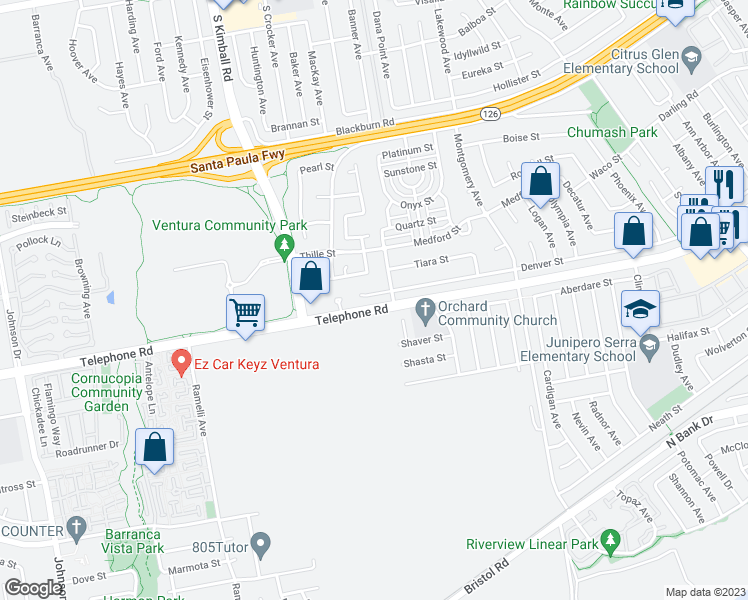 map of restaurants, bars, coffee shops, grocery stores, and more near 8050 Denver Street in Ventura