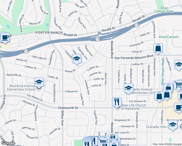 map of restaurants, bars, coffee shops, grocery stores, and more near 18665 Horace Street in Los Angeles