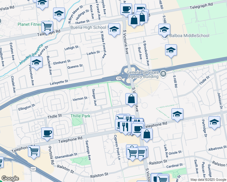 map of restaurants, bars, coffee shops, grocery stores, and more near 691 County Square Drive in Ventura