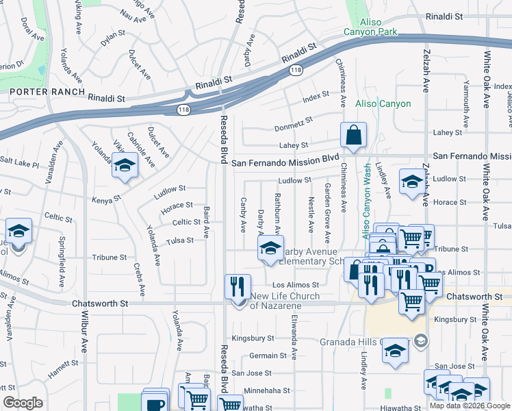 map of restaurants, bars, coffee shops, grocery stores, and more near 10934 Canby Avenue in Los Angeles