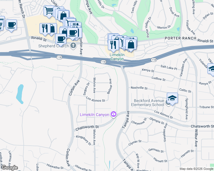 map of restaurants, bars, coffee shops, grocery stores, and more near 19529 Tulsa Street in Los Angeles