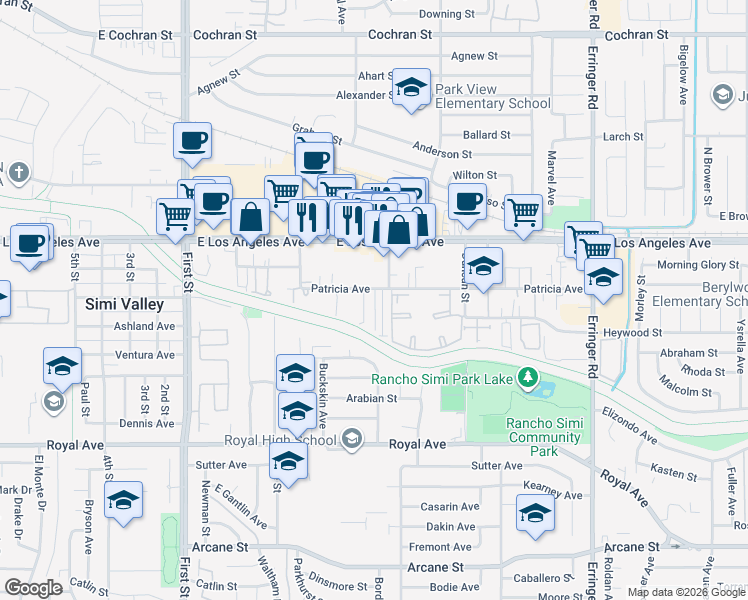 map of restaurants, bars, coffee shops, grocery stores, and more near 1448 Patricia Avenue in Simi Valley