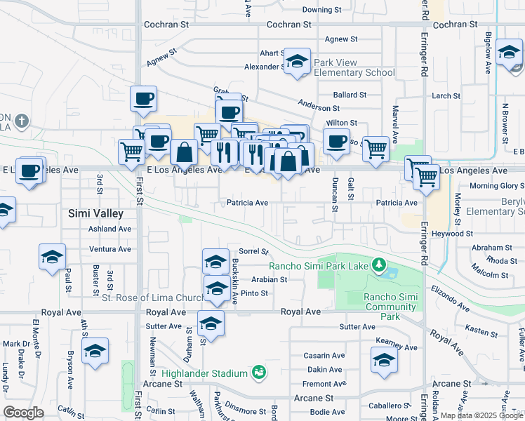 map of restaurants, bars, coffee shops, grocery stores, and more near 1448 Patricia Avenue in Simi Valley